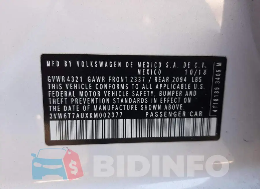 3VW6T7AUXKM002377 Photo# 12