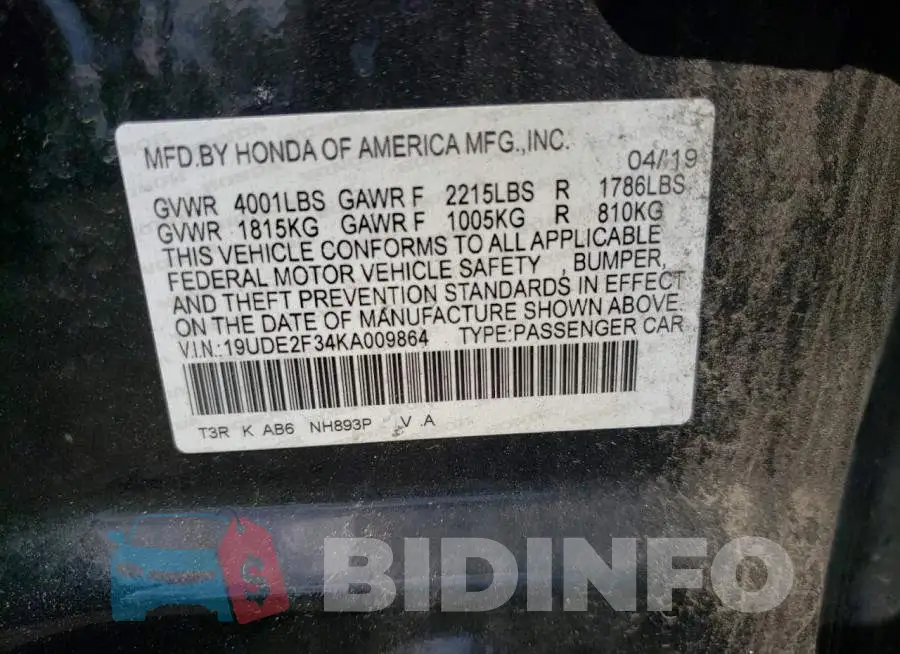 19UDE2F34KA009864 Photo# 12