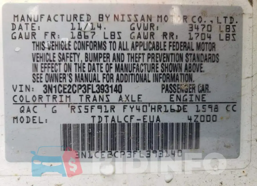 3N1CE2CP3FL393140 Photo# 13