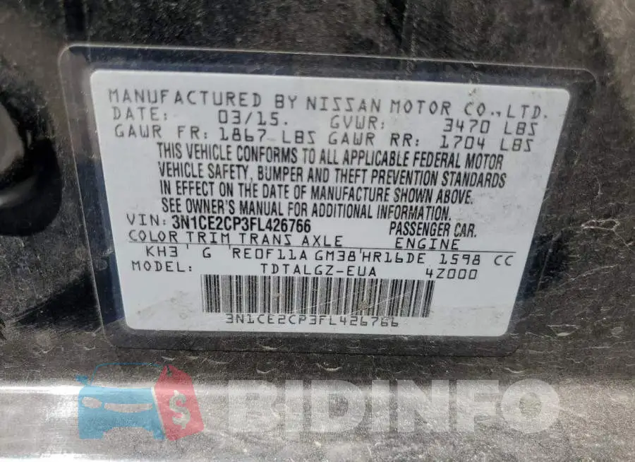 3N1CE2CP3FL426766 Photo# 12