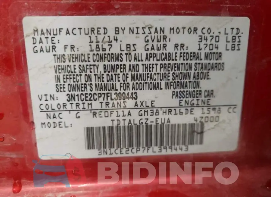3N1CE2CP7FL399443 Photo# 13