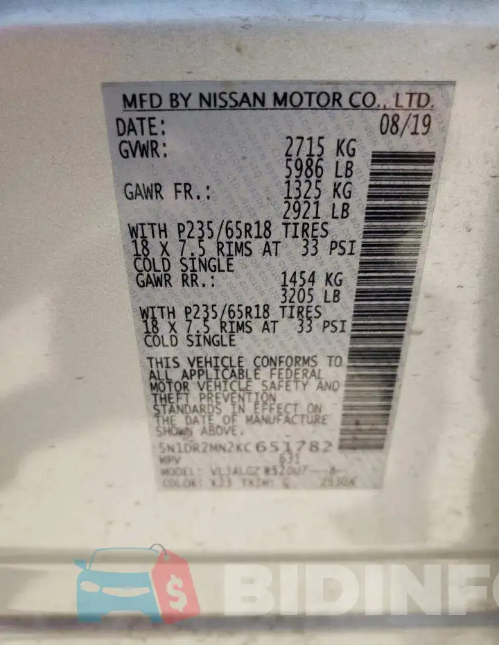 5N1DR2MN2KC651782 Photo# 13