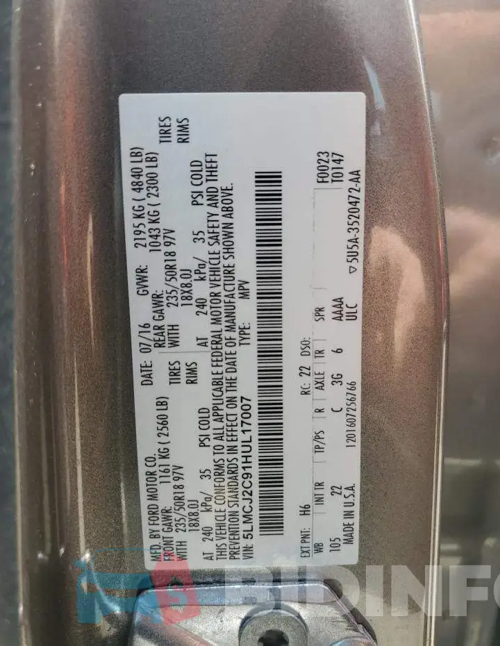 5LMCJ2C91HUL17007 Photo# 13