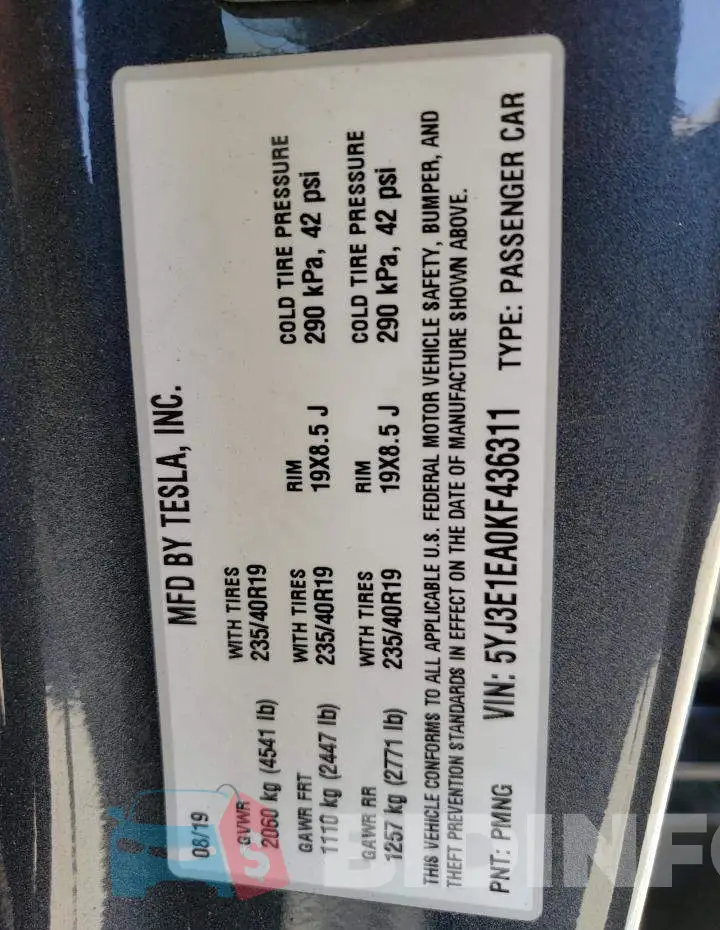 5YJ3E1EA0KF436311 Photo# 12
