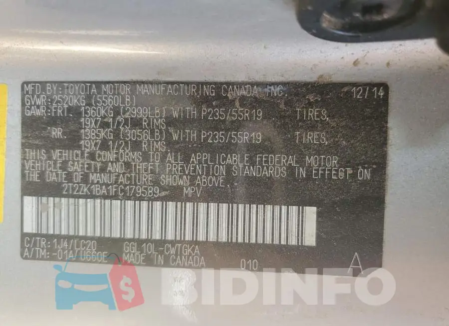 2T2ZK1BA1FC179589 Photo# 12