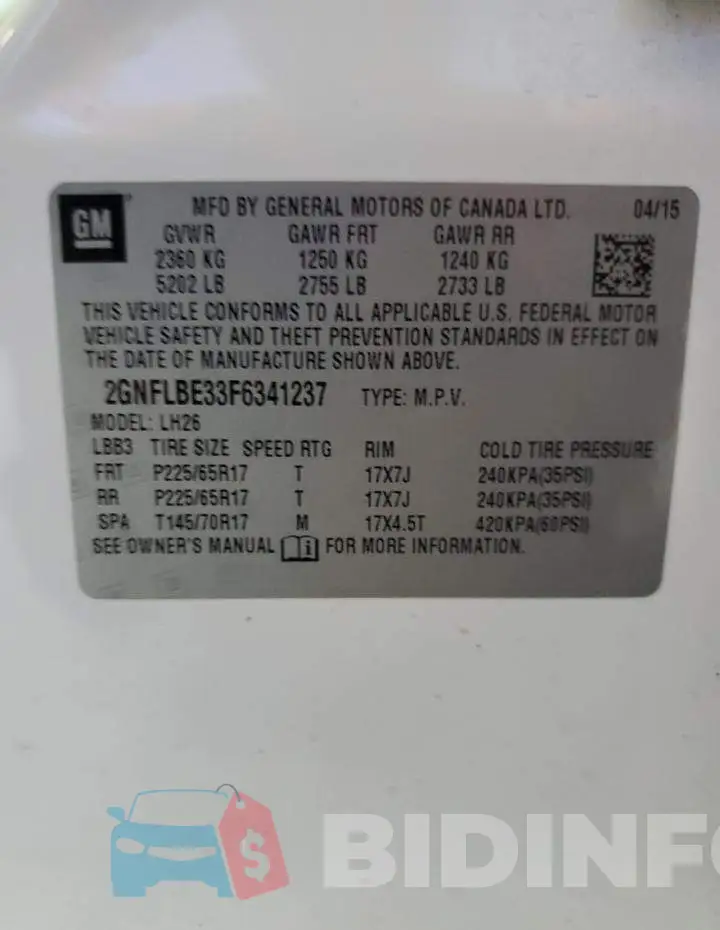 2GNFLBE33F6341237 Photo# 12