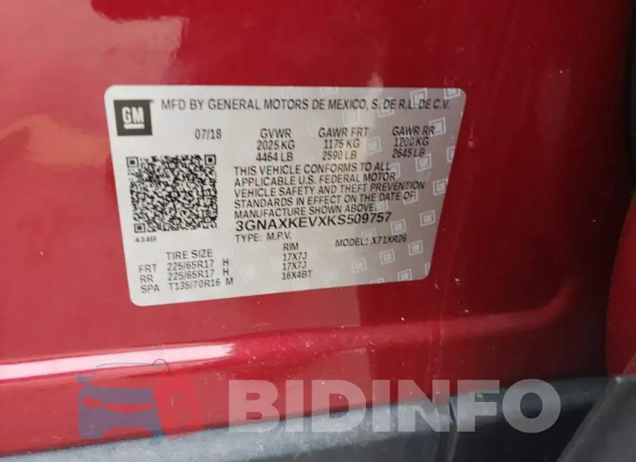 3GNAXKEVXKS509757 Photo# 13