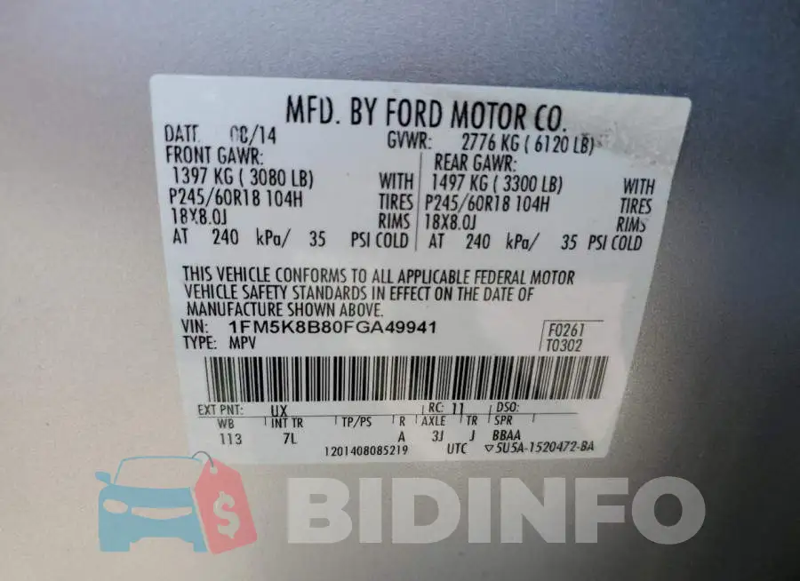 1FM5K8B80FGA49941 Photo# 13