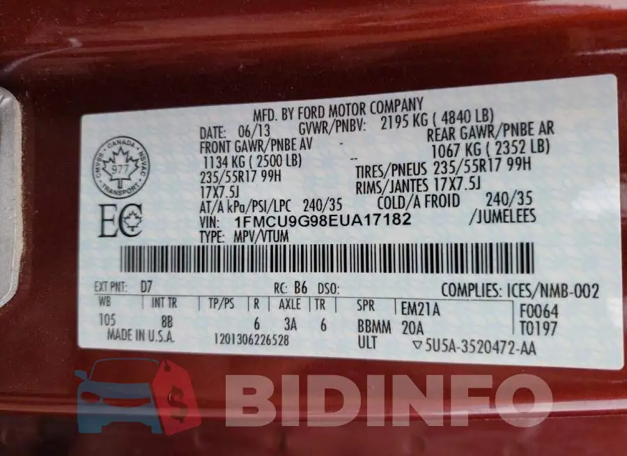 1FMCU9G98EUA17182 Photo# 14