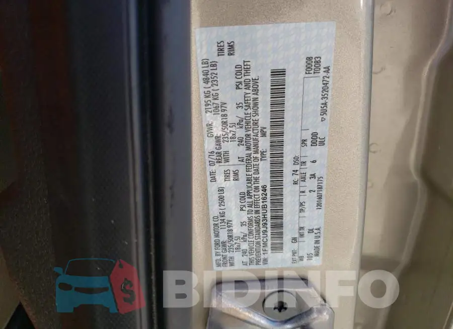 1FMCU9J93HUB16246 Photo# 14