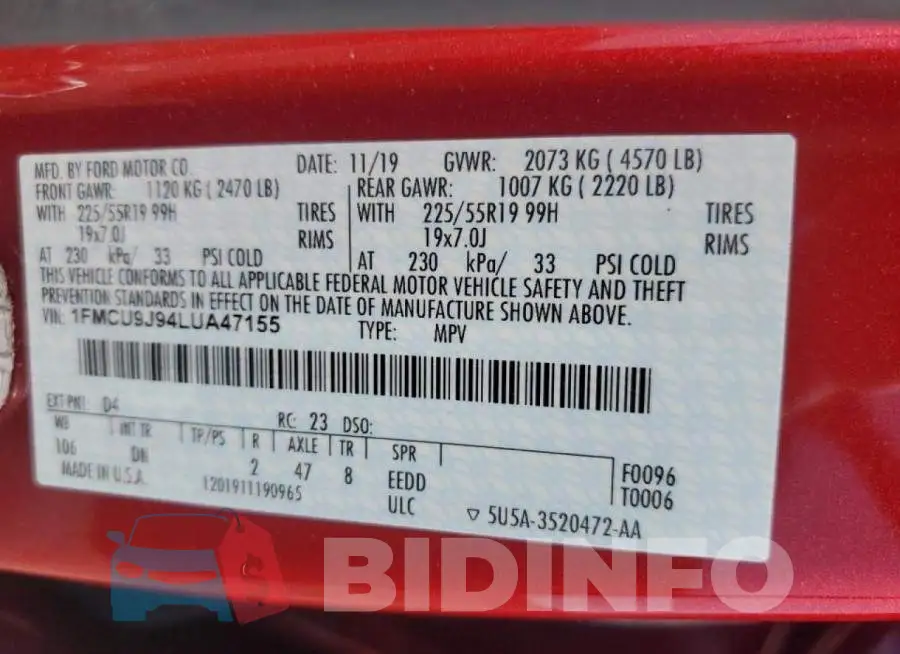 1FMCU9J94LUA47155 Photo# 12