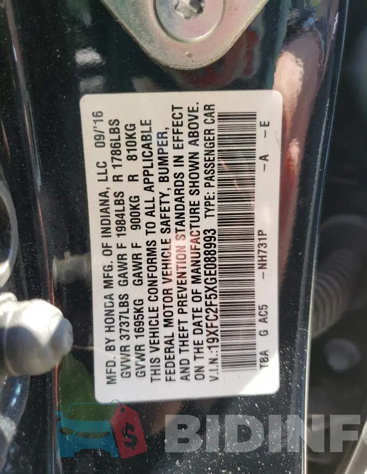 19XFC2F5XGE088993 Photo# 12