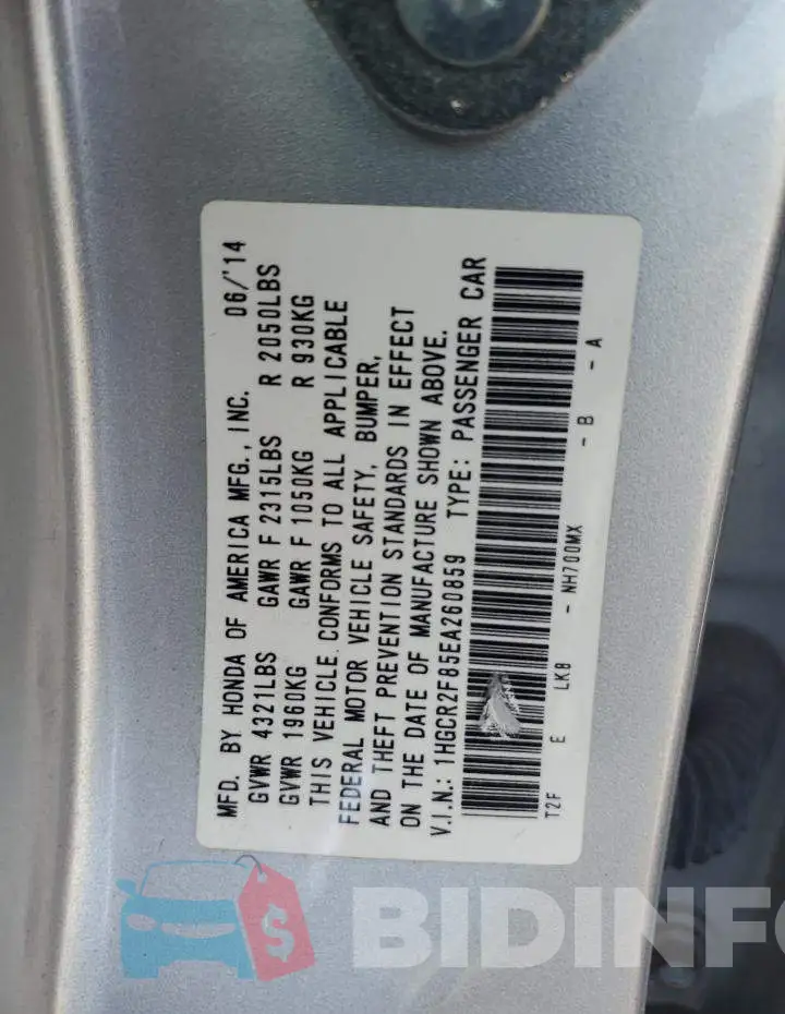 1HGCR2F85EA260859 Photo# 12