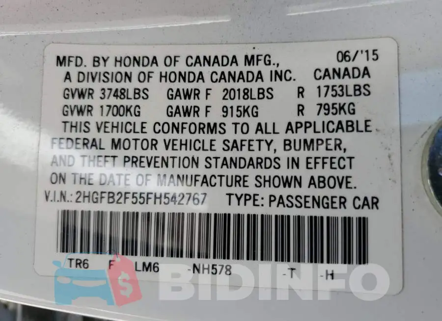 2HGFB2F55FH542767 Photo# 12