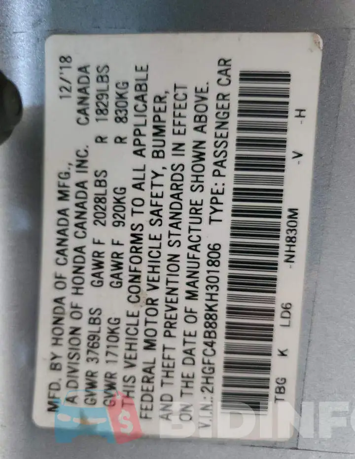 2HGFC4B88KH301806 Photo# 12