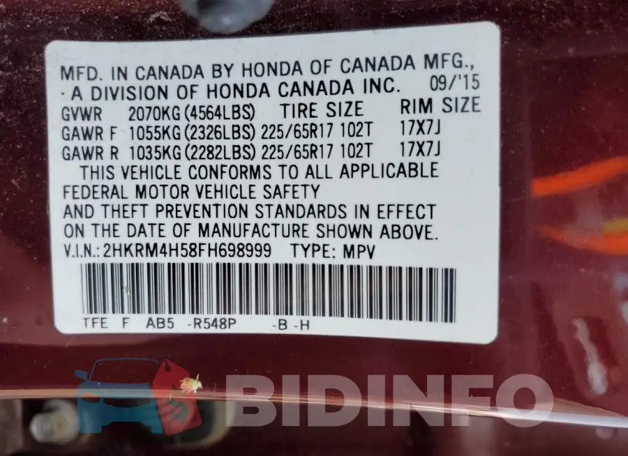 2HKRM4H58FH698999 Photo# 12