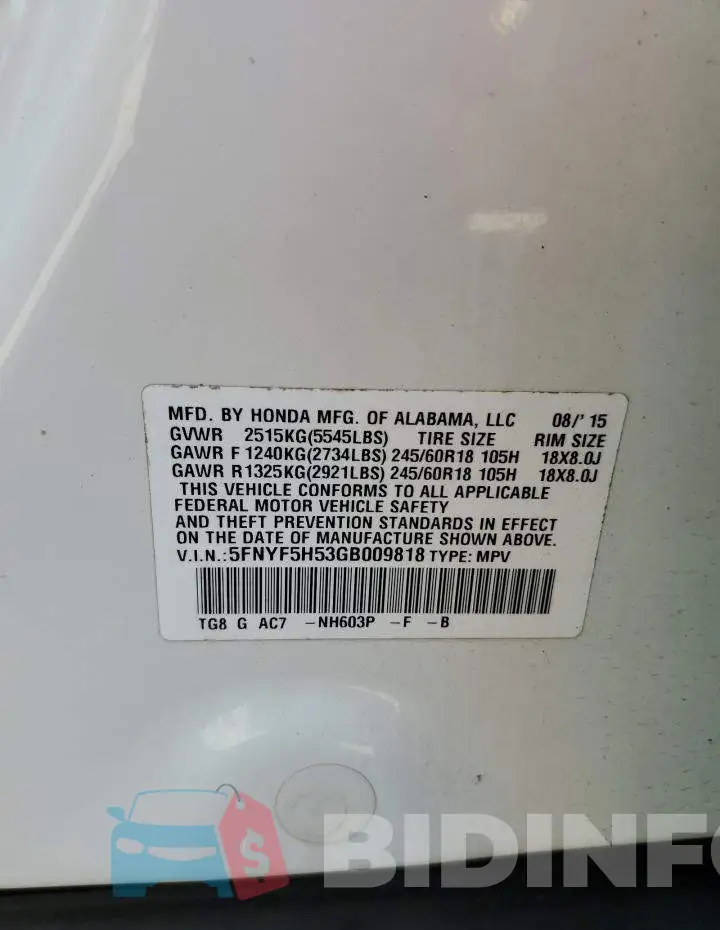 5FNYF5H53GB009818 Photo# 13