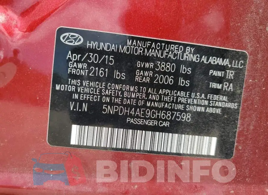 5NPDH4AE9GH687598 Photo# 12