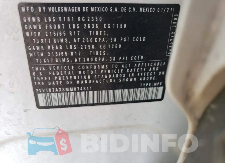 3VV1B7AX8MM074841 Photo# 13