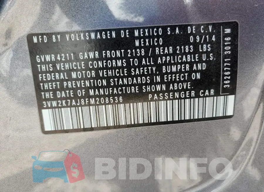 3VW2K7AJ8FM208536 Photo# 12