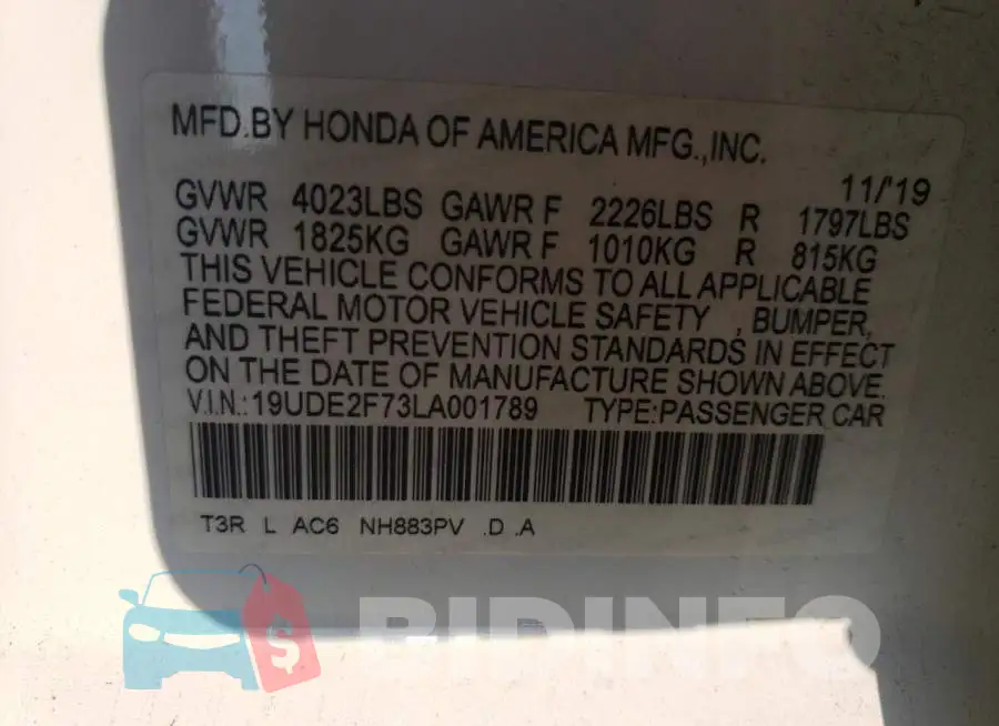 19UDE2F73LA001789 Photo# 10