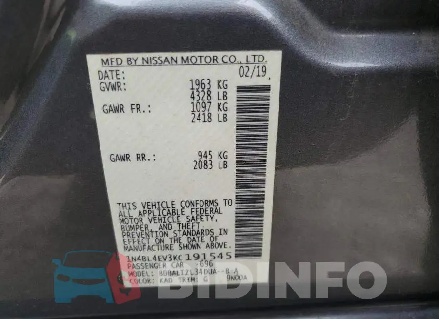1N4BL4EV3KC191545 Photo# 12