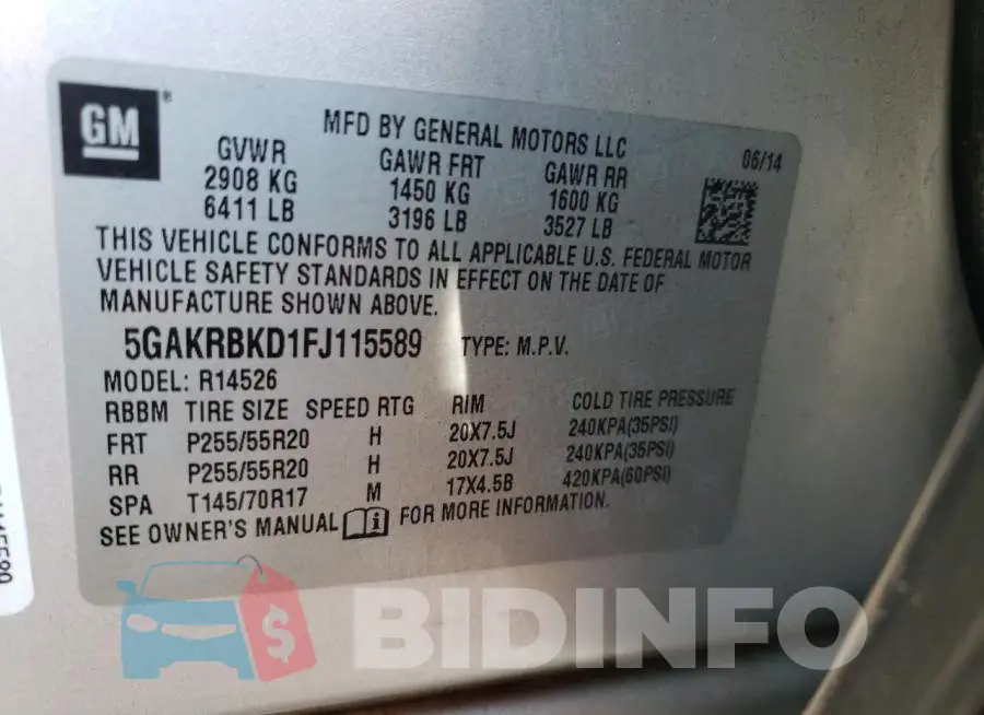 5GAKRBKD1FJ115589 Photo# 12