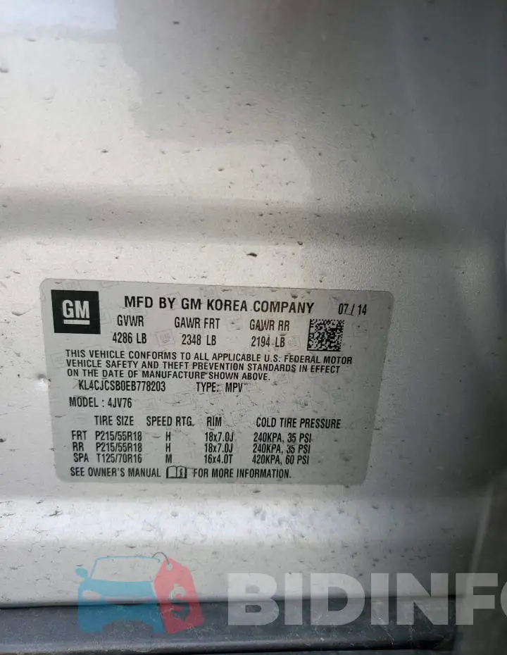 KL4CJCSB0EB778203 Photo# 12