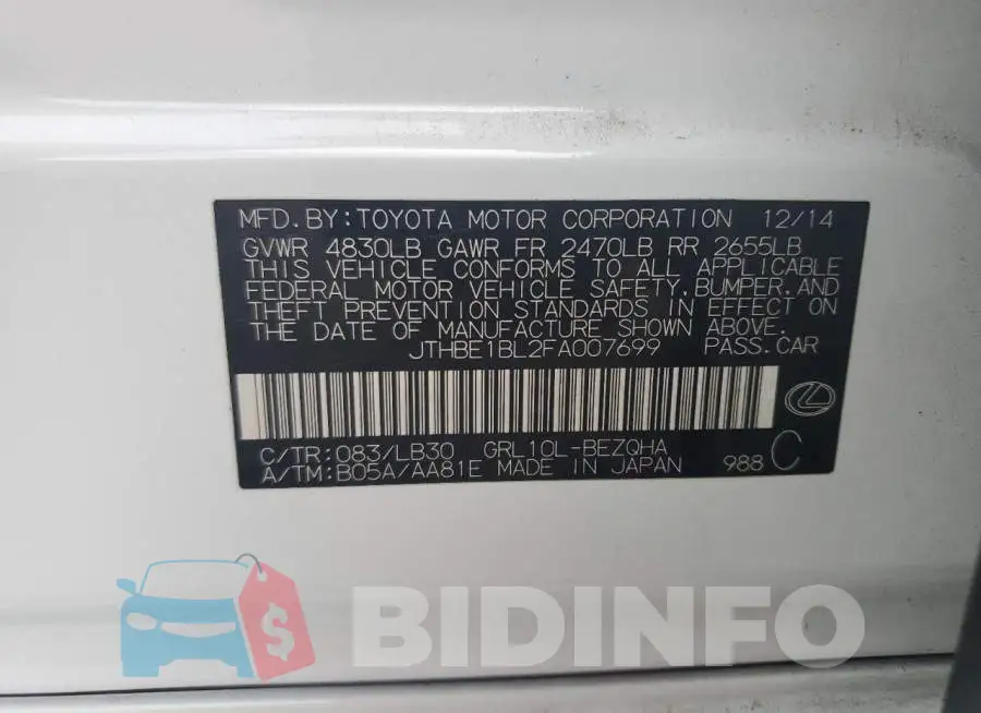 JTHBE1BL2FA007699 Photo# 12