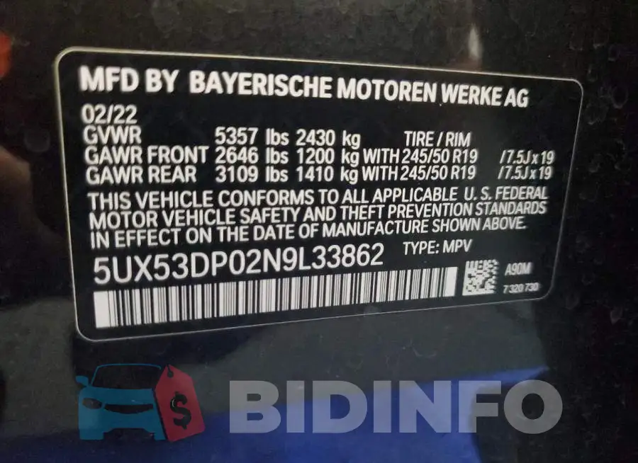 5UX53DP02N9L33862 Photo# 13