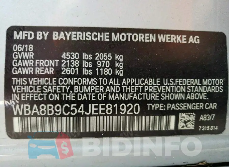 WBA8B9C54JEE81920 Photo# 13