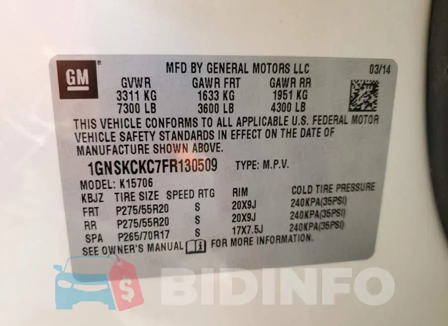 1GNSKCKC7FR130509 Photo# 13