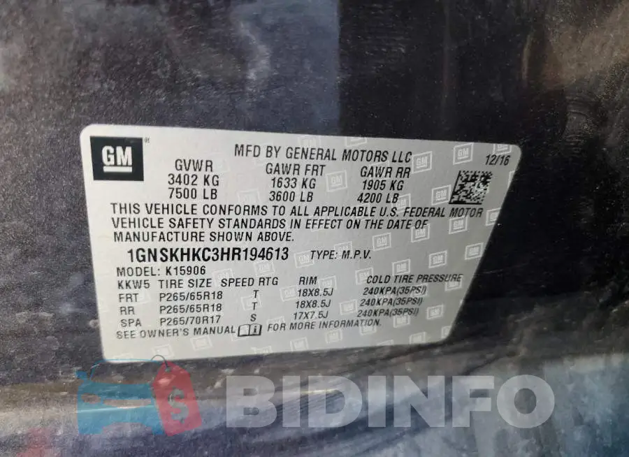 1GNSKHKC3HR194613 Photo# 13