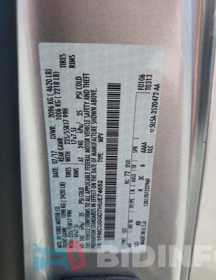 1FMCU0GD7HUE74652 Photo# 13