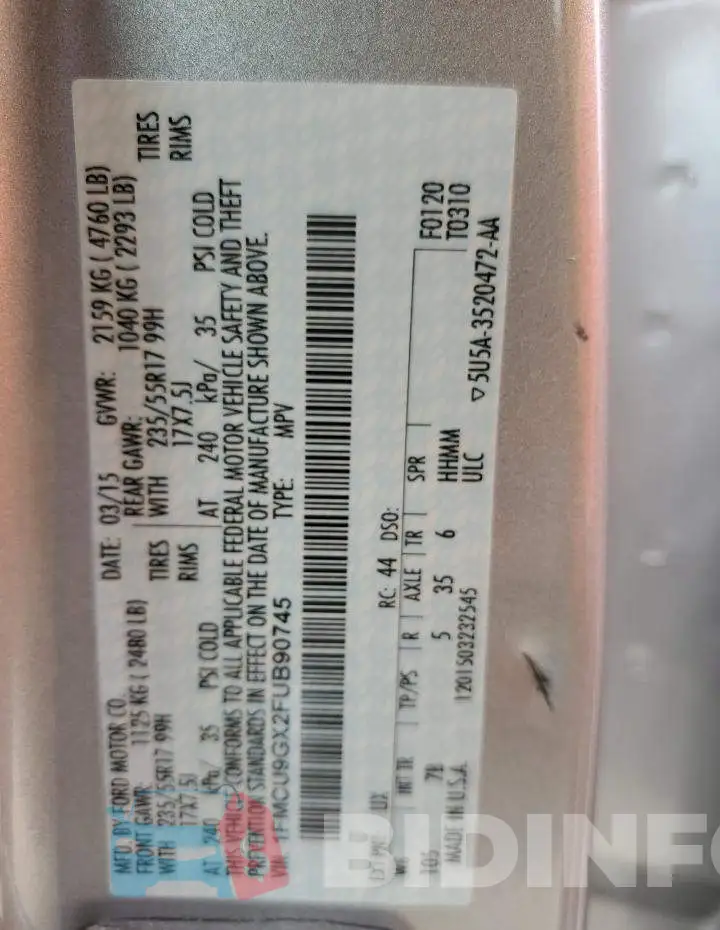 1FMCU9GX2FUB90745 Photo# 12