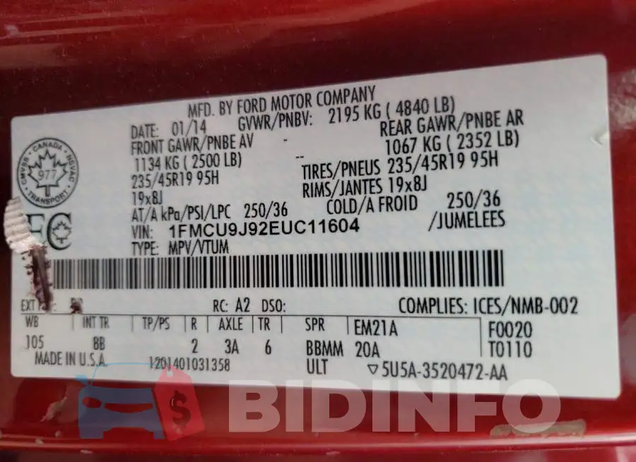 1FMCU9J92EUC11604 Photo# 13