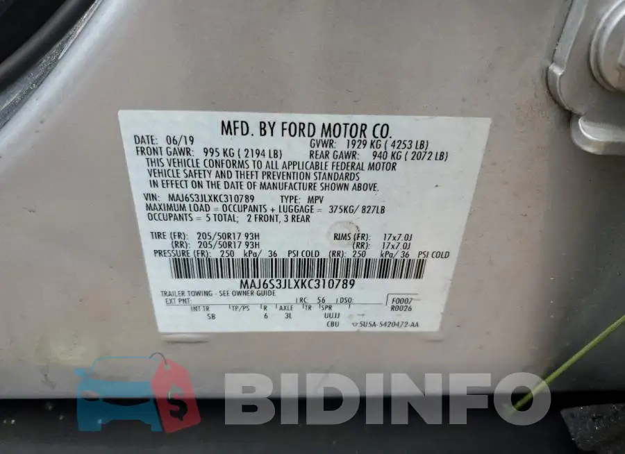 MAJ6S3JLXKC310789 Photo# 13