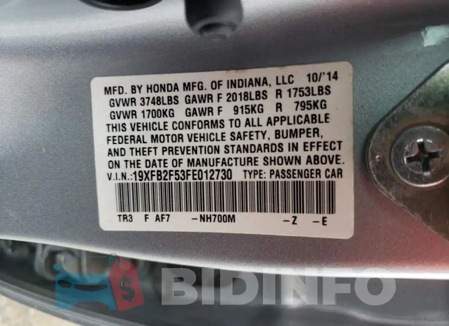 19XFB2F53FE012730 Photo# 12
