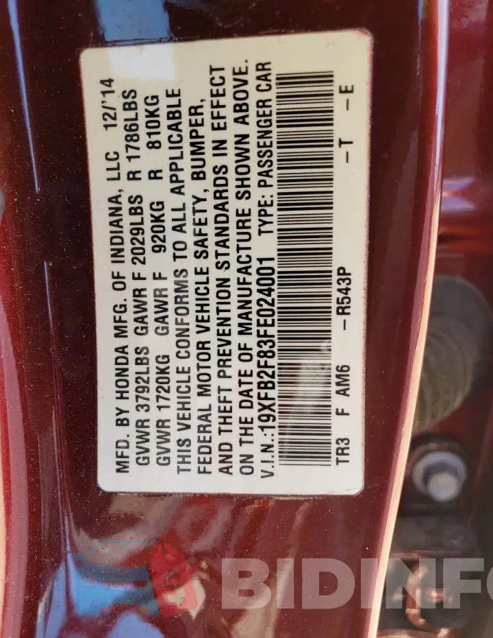 19XFB2F83FE024001 Photo# 12