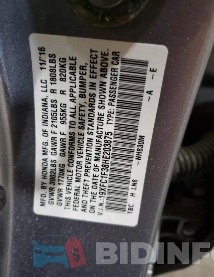 19XFC1F38HE203875 Photo# 12
