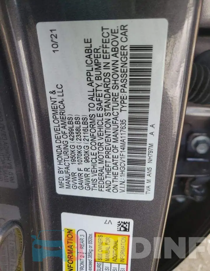 1HGCV1F14MA117635 Photo# 12