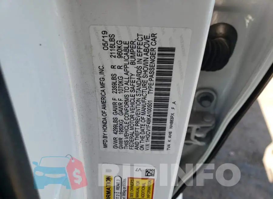 1HGCV1F49KA100501 Photo# 12