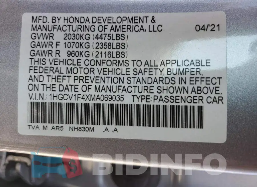 1HGCV1F4XMA069035 Photo# 12