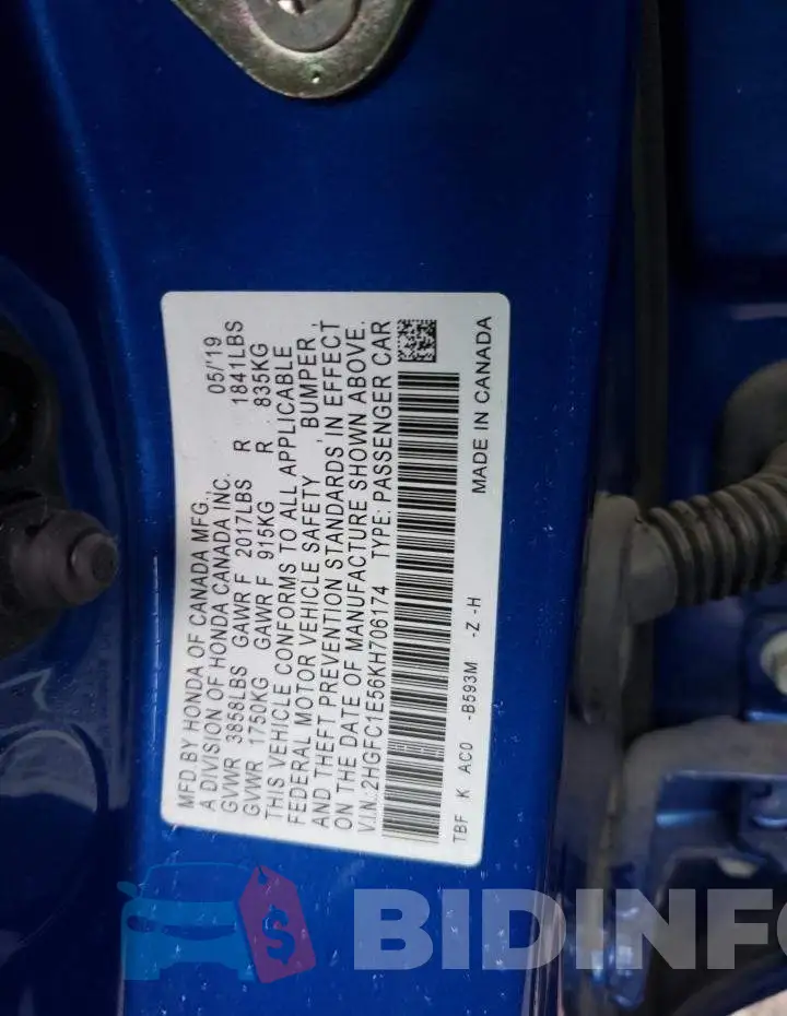 2HGFC1E56KH706174 Photo# 12