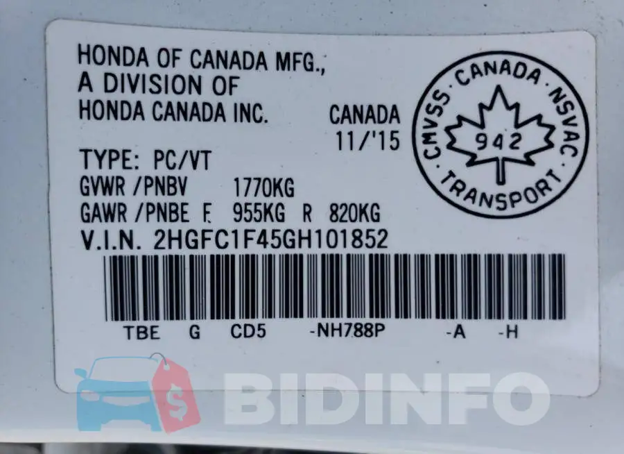 2HGFC1F45GH101852 Photo# 13