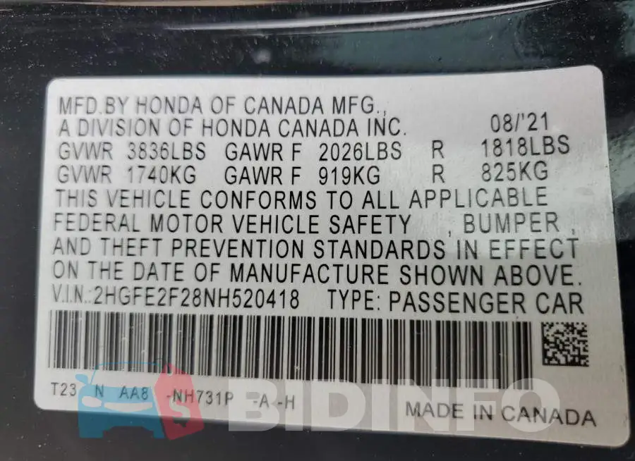2HGFE2F28NH520418 Photo# 13