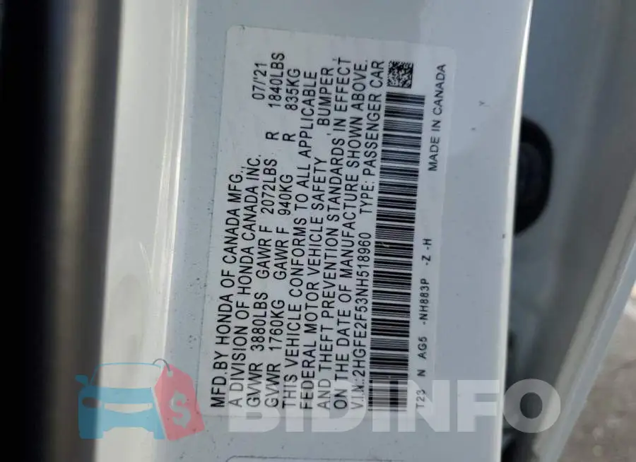 2HGFE2F53NH518960 Photo# 13
