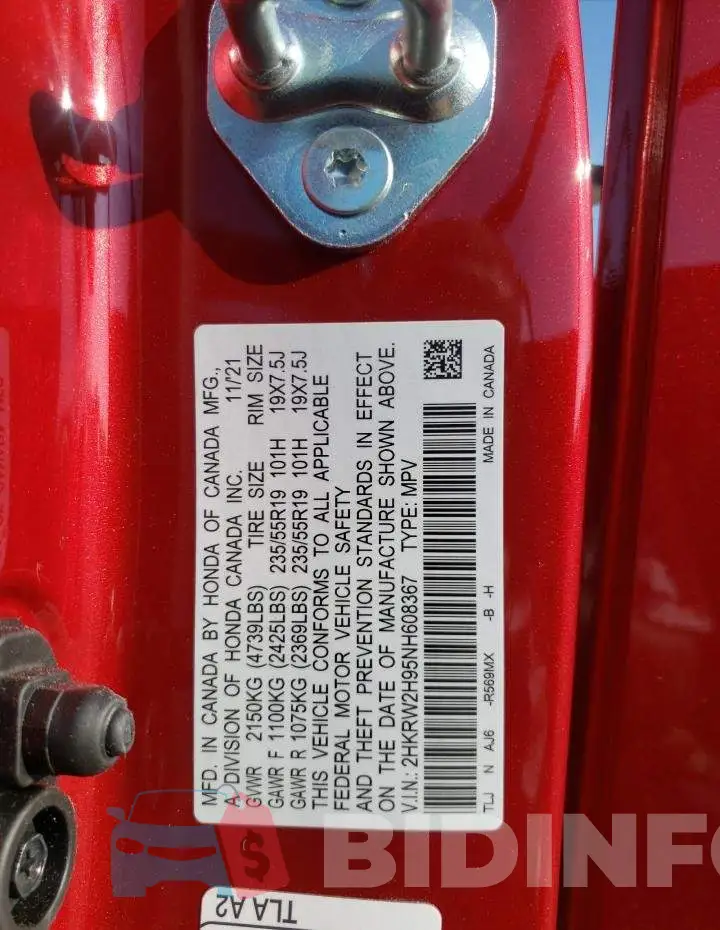 2HKRW2H95NH608367 Photo# 14
