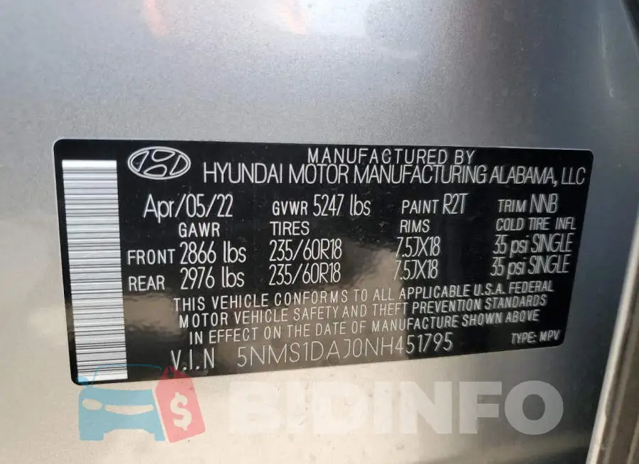 5NMS1DAJ0NH451795 Photo# 13