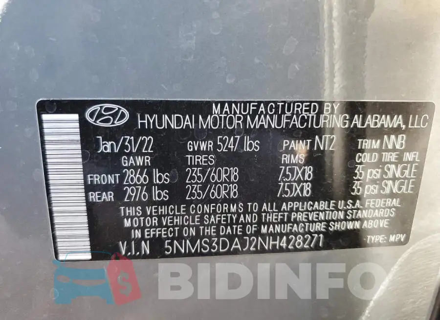 5NMS3DAJ2NH428271 Photo# 13